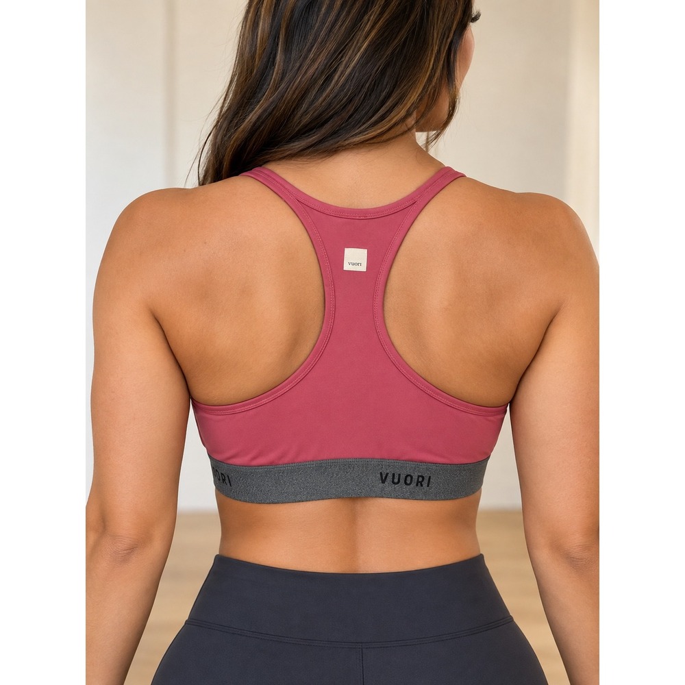 Vuori Womens Racerback Sports Bra Rose Pink Heather Gray Logo Band Size Small